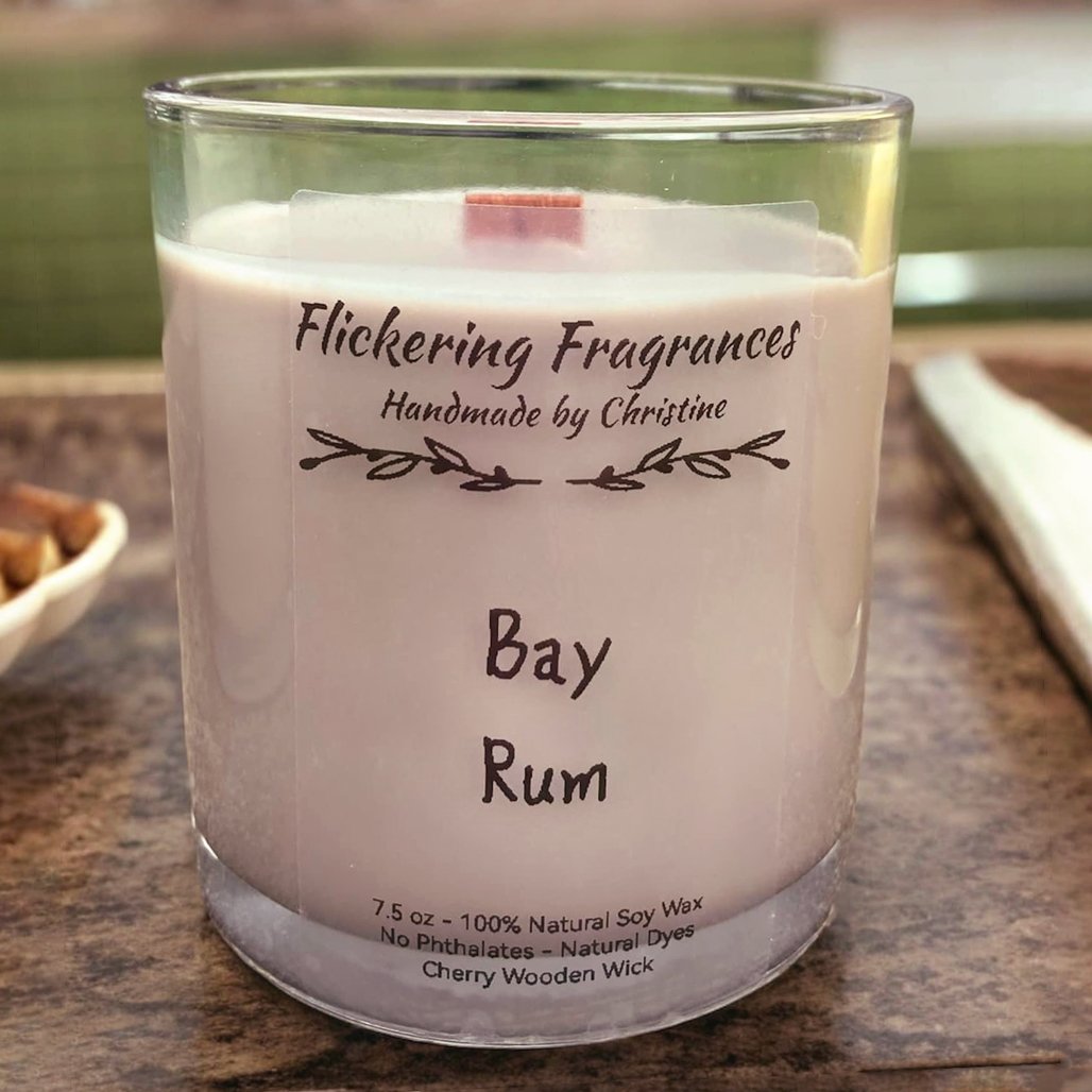 Bay Rum handmade soy candle by Flickering Fragrances