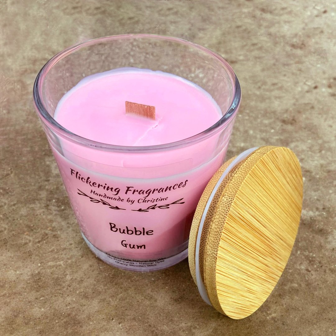 Bubble Gum handmade soy candle by Flickering Fragrances