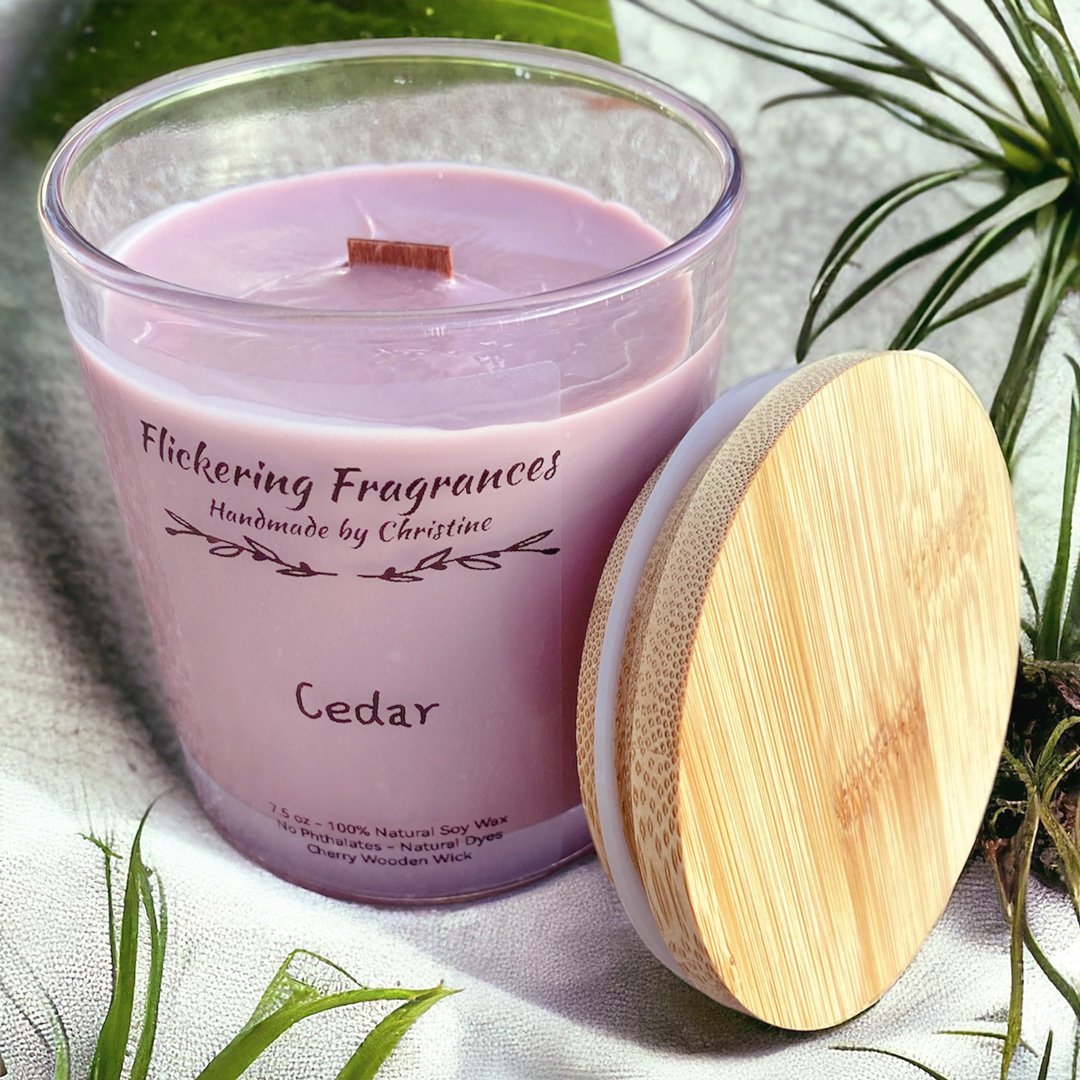 Cedar handmade soy candle by Flickering Fragrances