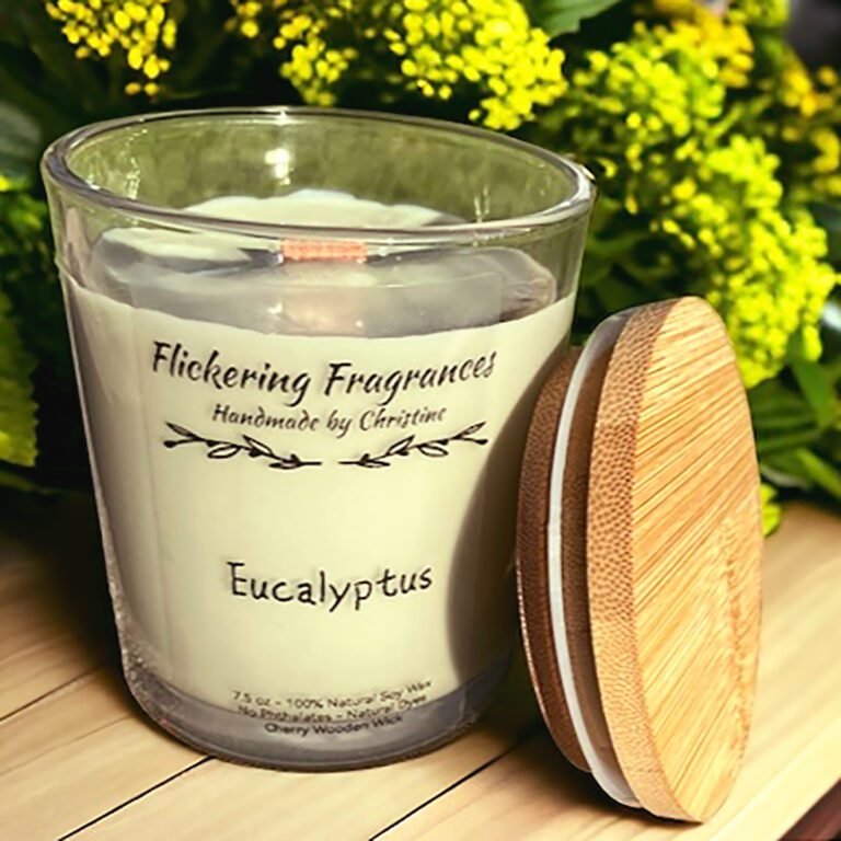 Eucalyptus handmade soy candle by Flickering Fragrances