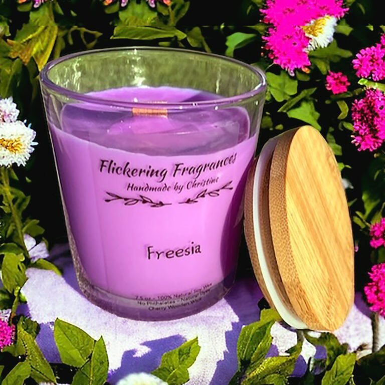 Freesia handmade soy candle by Flickering Fragrances