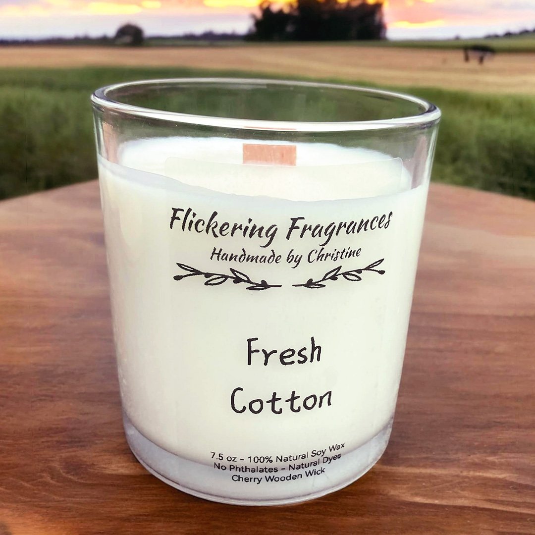 Fresh Cotton handmade soy candle by Flickering Fragrances