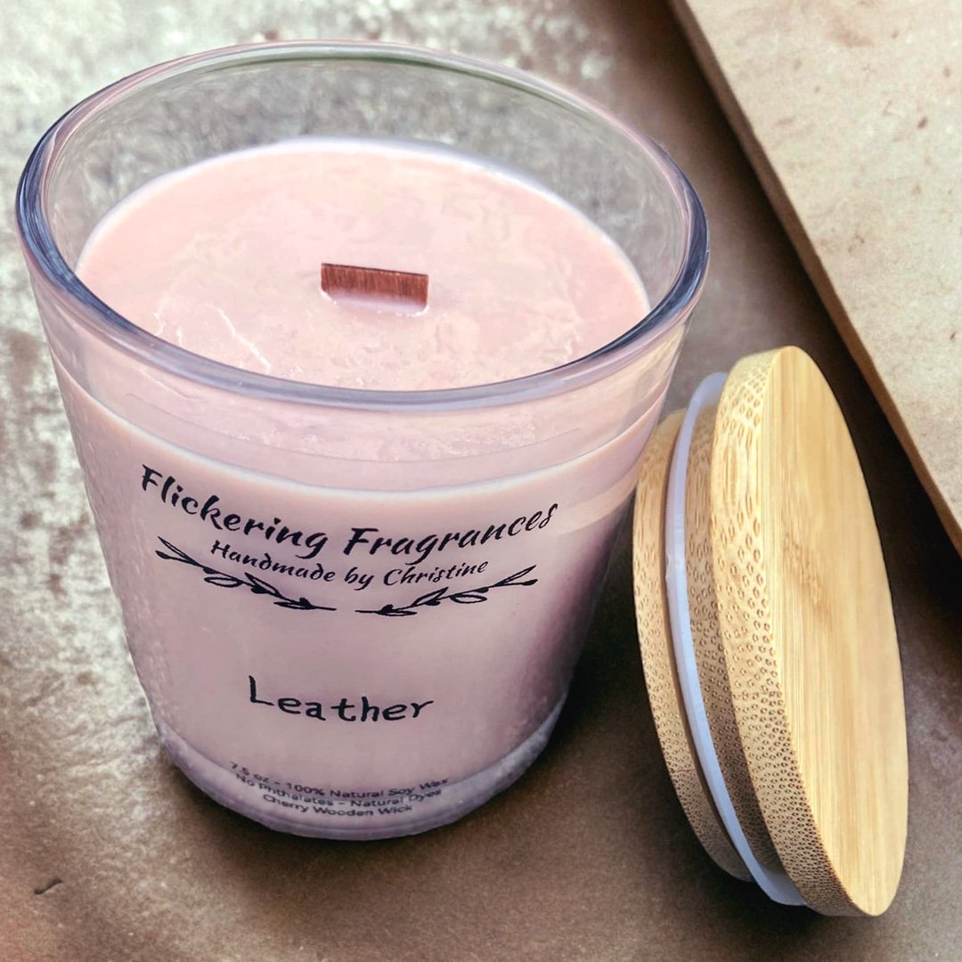 Leather handmade soy candle by Flickering Fragrances