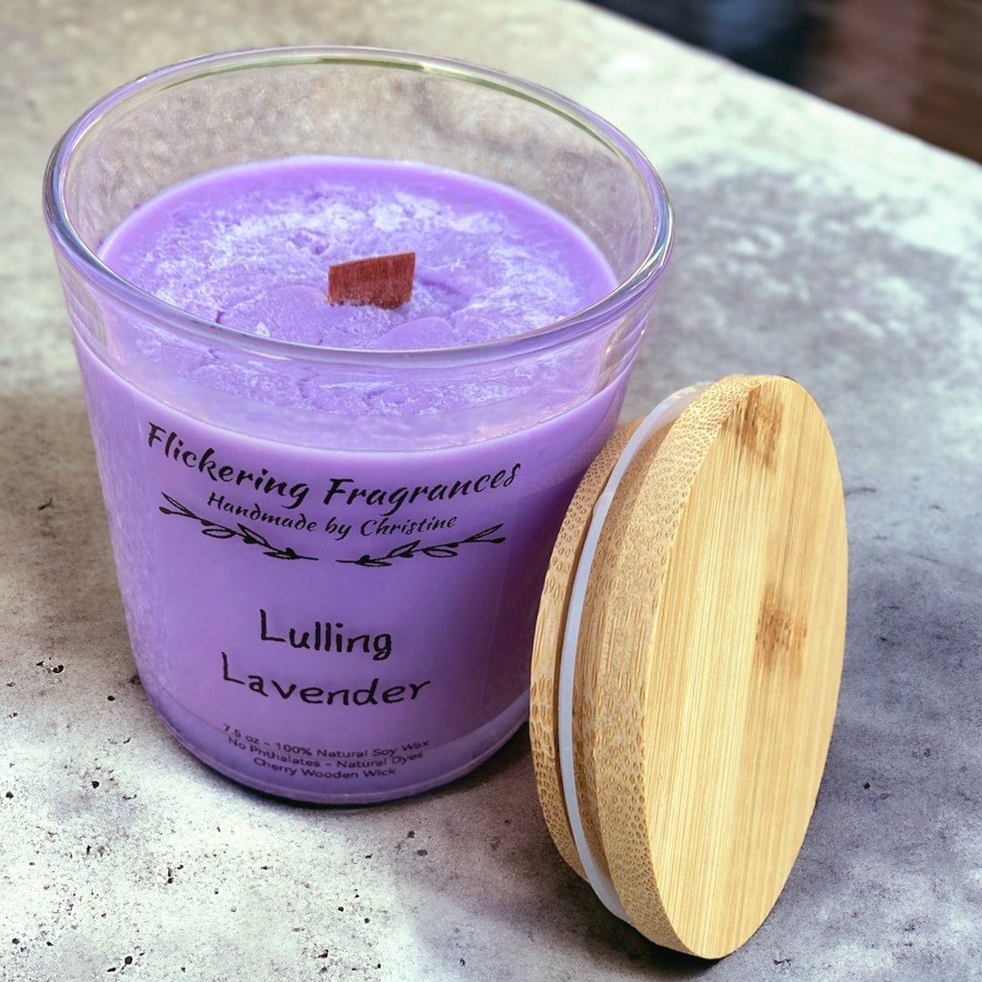 Lulling Lavender handmade soy candle by Flickering Fragrances