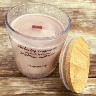 Teakwood handmade soy candle by Flickering Fragrances